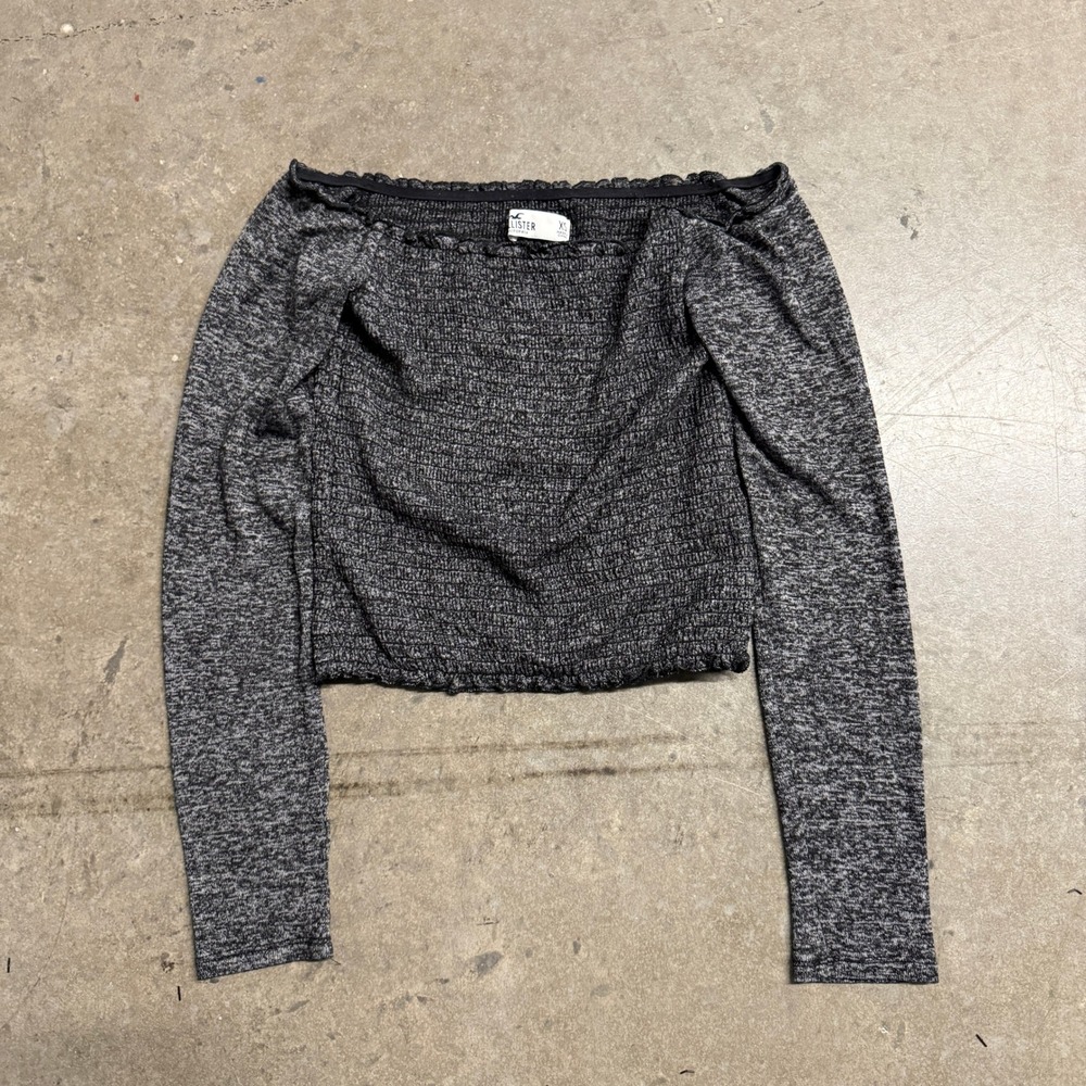 Hollister Womens XS Smocked Off The Shoulder Long Sleeve Crop Top Marled Grey